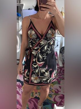 FarmaRIO Black Wrap Mini Dress with Multicolor Floral Embroidery